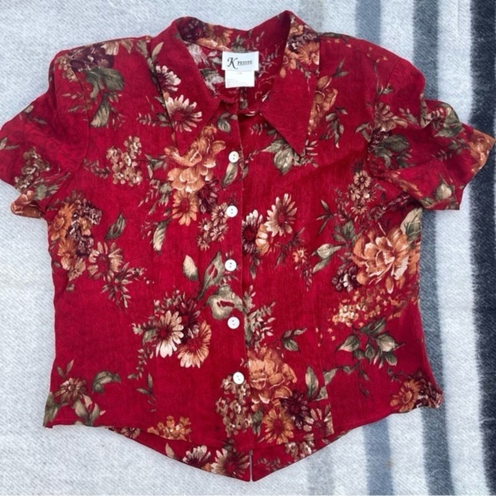 Vintage 90s Button Up Blouse Peekaboo Back Red Floral Sunflower Size M